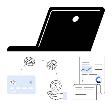 Kredi kartı ve el alımı arasında para transferi yapan dizüstü bilgisayar, grafikli mali belgeler. Çevrimiçi işlemler, bankacılık, finans yönetimi, e-ticaret için ideal