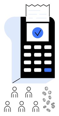 Fatura insanların simgelerinin ve madeni para sembollerinin olduğu ödeme terminali. Finans, işlem, dijital ödemeler, iş, ekonomi, toplum için ideal, nakitsiz. Satır metaforu