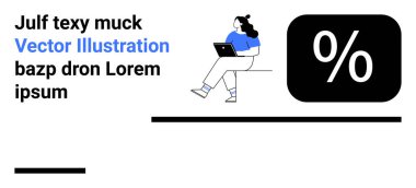 Dizüstü bilgisayarda çalışan bir iş kadını, finansal ölçümlerle ilgili yüzde işareti, metin için yer tutucular. Finansal hizmetler, iş büyümesi, veri analizi, pazarlama ve çevrimiçi öğrenme için ideal