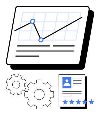 Eğilim çizgisi, veri noktaları, iki vites ve beş yıldızlı özgeçmişi olan veri tablosu. İş analizleri, performans değerlendirmeleri, veri görselleştirmesi, mühendislik, iş uygulamaları, kariyer