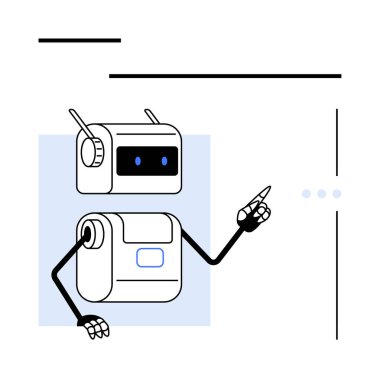 Antenleri siyah kolları işaret eden robotlar, elektronik gözler, ve mavi renkli kareli gövde. Teknoloji, yapay zeka, robot bilimi, eğitim, iletişim, gelecek temalar ve dijital için ideal