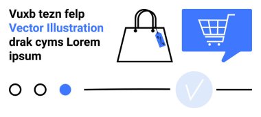 Etiketli alışveriş torbası, alışveriş arabalı konuşma balonu, ilerleme göstergeleri ve metin öğeleri. E-ticaret, çevrimiçi alışveriş, perakende, pazarlama, web tasarımı, kullanıcı arayüzü, tanıtım için ideal