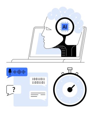 Dizüstü bilgisayardaki Kronometre konuşma tanıma ikonu ikili kod sohbet baloncukları. Yapay zeka, makine öğrenimi, teknoloji, otomasyon, yenilik, dijital iletişim, zaman verimliliği için idealdir. Çizgi