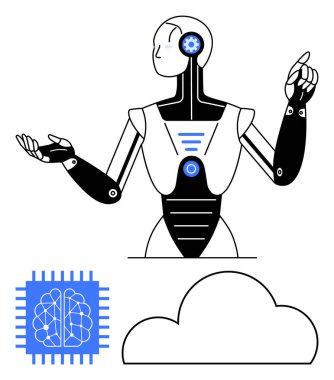 Gelişmiş robot hareketi, bir beyin çipi ve bulut depolama ikonu eşliğinde. Yapay zeka, robot bilimi, teknoloji, veri depolama, bulut hesaplama, gelecekteki kavramlar ve yenilikler için ideal