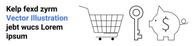 Alışveriş arabası, anahtar sembolü ve dolar işaretli domuz kumbarası. Finans, güvenlik, e-ticaret, tasarruf, yatırım, çevrimiçi alışveriş ve dijital pazarlama için ideal. İniş sayfası için pankart
