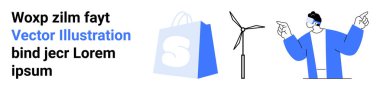 İki anahtar ikon bir alışveriş çantası ve bir rüzgar türbini çevrimiçi alışveriş ve yenilenebilir enerjiyi ön plana çıkarıyor. Adam işaret edince teknoloji meraklısı bir hava katıyor. E-ticaret için ideal, yeşil enerji, dijital pazarlama, modern