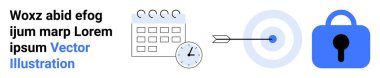 Saatli takvim, hedefe vuran ok ve kilitlenen asma kilit simgeleri. Zaman yönetimi, hedef belirleme, kesinlik, üretkenlik, zamanlama, güvenlik, planlama için idealdir. İniş sayfası için pankart