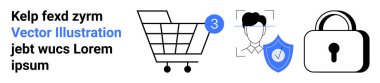 Alışveriş arabası, yüz tanıma sistemi ve kalkanı olan kişi, kilit sembolü. E-ticaret, çevrimiçi alışveriş, güvenlik, kullanıcı doğrulaması, gizlilik koruması, dijital kimlik denetimi için ideal