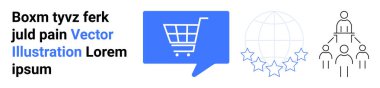 Mavi konuşma balonunda alışveriş arabası sembolü, yıldızlı dünya ve hiyerarşik takım ikonu. E-ticaret, küresel iş, takım çalışması, iletişim, müşteri geribildirimi, dijital pazarlama için ideal
