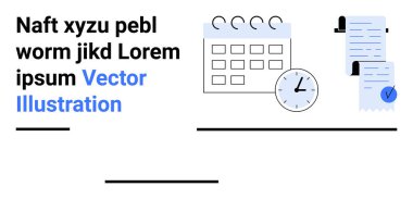 Eğri sayfa, saat gösterim süresi, kontrol işareti, siyah metin bloğu ve mavi vektör illüstrasyonlu takvim. Üretkenlik, planlama, ofis, iş, programlama için ideal
