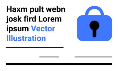 Büyük mavi kilit ikonu güvenliği gösteriyor. Yer tutucu metin siyah ve mavi ile yatay satırlar ile metin bölümlerini temsil eder. Web güvenliği, dijital mahremiyet, siber güvenlik, güvenli giriş için ideal