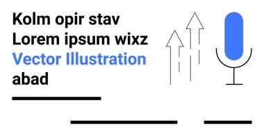 Metin blokları, yukarı bakan oklar ve mavi mikrofon. Web siteleri, teknoloji blogları, dijital medya, sunumlar, içerik oluşturma, pazarlama, podcast sayfaları için ideal
