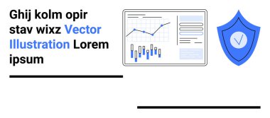 Veri analizi gösterge paneli, bar çizelgeleri, çizgi grafiği, işaretli güvenlik kalkanı. Veri analizi, güvenlik, iş zekası, web geliştirme, siber güvenlik, teknoloji sunumları için ideal