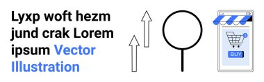 Yukarı bakan iki ok ve alışveriş arabası ve Buy Butonu 'nun yanında büyüteç. E-ticaret, piyasa analizi, büyüme eğilimleri, SEO, iş geliştirme, çevrimiçi alışveriş için ideal