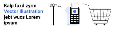 Solda metin başlığı, maden kazma simgeleri, makbuzlu bir satış noktası terminali ve bir alışveriş arabası. E-ticaret, perakende, madencilik, ödeme işleme ve dijital işlemler için ideal