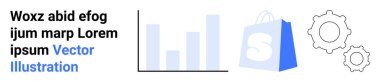 Beyaz logolu mavi alışveriş çantası, açık mavi çizgi grafik ve gri vitesler veri analizi ve e-ticaret entegrasyonunu temsil ediyor. E-ticaret, veri analizi, online alışveriş, dijital pazarlama için ideal