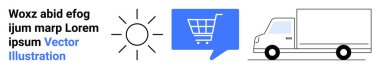 Güneş ikonu, sohbet balonunda mavi alışveriş arabası ve teslimat kamyonu. E-ticaret, perakende, çevrimiçi alışveriş, teslimat hizmetleri, lojistik, teslimat takibi ve ürün sevkiyatı için ideal. İniş sayfası