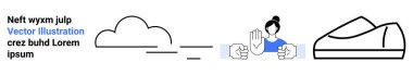 Bulut, yatay çizgi sembolü, dur hareketi yapan kadın, minimalist siyah çizgi sanatıyla çizilmiş atletik ayakkabı. Tasarım için ideal, basitlik, web, modern estetik, çeşitli temalar, temiz görseller
