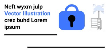 Mavi kilit, sunucu kulesi ve bulut bağlantısının yanındaki güvenliği simgeliyor. Siber güvenlik, veri koruması, bulut bilgisayarı, bilişim hizmetleri, çevrimiçi mahremiyet, ağ güvenliği, dijital