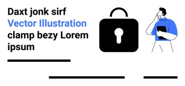 Mavi tişörtlü bir adam, elinde bir not panosu var, bir kilit sembolünün yanında. Yer tutucu metin ve yatay çizgiler. Web sitesi güvenliği, mahremiyet, eğitim, sunumlar ve teknoloji için ideal
