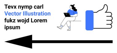 Metin elemanları, dizüstü bilgisayarda oturan karakter, mavi başparmak yukarı simgesi, siyah ok. İletişim, teknoloji, sosyal medya, dijital pazarlama, olumlu geribildirim, yön, navigasyon için ideal
