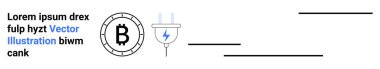 Dairesel çerçevede Bitcoin sembolü, mavi yıldırımlı elektrik prizi ve lorem ipsum metni. Kripto para birimi, dijital ödemeler, engelleme teknolojisi, elektrik, çevrimiçi işlemler için ideal