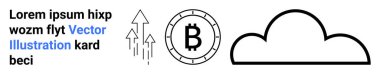 Bitcoin sembolü madeni para, büyümeyi gösteren oklar, büyük bulut çizgisi ve yer tutucu metin. Engelleme zinciri, kripto para birimi, bulut depolama, finansal büyüme, modern ekonomi, dijital teknoloji için ideal