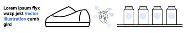 Shoe sketch, heart diagram with labels, conveyor belt with bottles. Ideal for medical themes, footwear design, manufacturing processes, educational content, minimal design, vector art. Landing page clipart