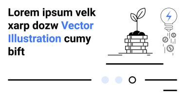 Yığınla bozuk paradan filizlenen bitki, elektrikli cıvatalı ampul, düşen para birimi sembolleri, yer tutucu metni. Yenilik, yatırım, mali büyüme, sürdürülebilirlik, başlangıç, çevre dostu