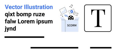 Çoklu ortam simgeleri, sosyal medya ve zarflı SCORM kutusu. Büyük T metin simgesi ve örnek metin. E-öğrenim platformları, dijital pazarlama, eğitim içeriği, bilgi grafikleri, teknoloji için ideal