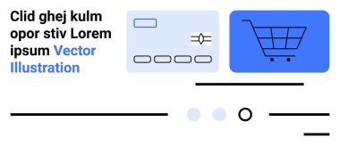 Kredi kartı ve alışveriş arabası simgeleri siyah çizgili ve metin aksanlı mavi kutularda. E-ticaret, alışveriş, çevrimiçi alımlar, pazarlama, dijital işlemler, ödeme sistemleri ve İnternet için ideal