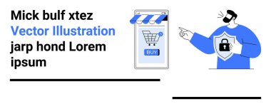 Akıllı telefonu işaret eden bir adam satın alma tuşu ve alışveriş arabasıyla online bir mağazayı gösteriyor, güvenliği vurguluyor. Ekommerce, güvenlik, çevrimiçi alışveriş, teknoloji, fintech, web tasarımı için ideal