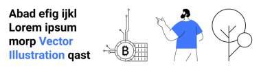 Bitcoin devresi, dijital metin blokları ve güneşli stilize edilmiş ağacı gösteren bir adam. Engelleme zinciri, fintech, teknoloji, kriptografi, pazarlama, eğitim içeriği, çevre