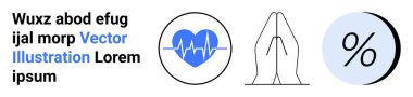 Metin, kalp atışı çizgisi, dua eden eller ve yüzde işareti olan mavi kalp. Sağlık, meditasyon, finans, din, istatistik, çevrimiçi içerik ve eğitim için ideal İniş sayfası