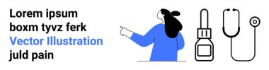 Stetoskop, ilaç şişesi ve kulaklığı gösteren bir kadın. Sağlık hizmetleri, tıp eğitimi, teletıp, sağlık sigortası, eczaneler, sağlık uygulamaları ve çevrimiçi istişareler için ideal