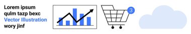 Yükselen oklu iş büyüme tablosu, tebligat rozetli alışveriş arabası ve bulut sembolü. E-ticaret, satış, iş analizleri, çevrimiçi alışveriş, dijital pazarlama, bulut depolama için ideal