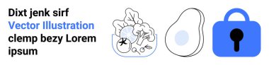 Bir kase sebze, bir avokado ve bir kilit ikonu. Sağlık, beslenme, diyet, güvenlik, mahremiyet, gıda güvenliği ve sağlık bağlamları için idealdir. İniş sayfası için pankart