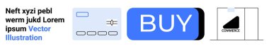 Kredi kartı, büyük mavi satın alma tuşu ve ticareti ve işlemleri simgeleyen grafik simgesi. E-ticaret, çevrimiçi alışveriş, finans hizmetleri, dijital işlemler, satın alma, perakende sektörü için ideal