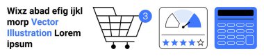 Parça sayısı olan alışveriş arabası, yıldızlı derecelendirme ve hesap makinesi. E-ticaret, çevrimiçi alışveriş, dijital pazarlama, kullanıcı deneyimi, web tasarımı, perakende analizi için ideal temalar. İniş sayfası