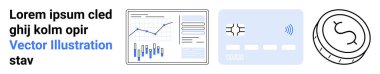 Yükselen grafikli çizelge, çipli kredi kartı ve bağlantısız simge, basit madeni para amblemi, yer tutucu metni. Fintech, dijital bankacılık, kripto para birimi, istatistik, finans ve modern teknoloji için ideal