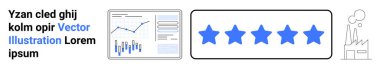 İş grafikleri, 5 yıldızlı dereceler, endüstriyel grafikler ve mavi ve gri renkli lorem ipsum metinleri. Performans değerlendirmeleri, müşteri geribildirim, kalite kontrolü, memnuniyet anketleri, iş için ideal