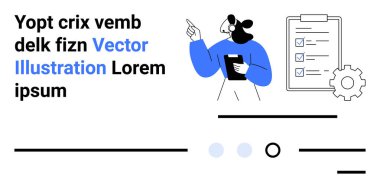 Dişi karakter pano, kontrol listesi, vites simgesi, metin ögeleri ve minimalist satırlar iş, proje yönetimi, organizasyon, strateji, planlama, iş akışı, analiz iniş için idealdir