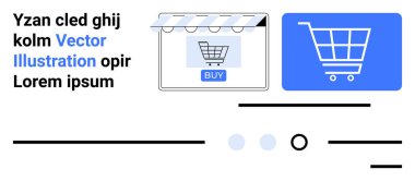 Alışveriş arabası simgesi, Buy düğmeli online mağaza önü ve yer tutucu metni. E-ticaret, çevrimiçi alışveriş, dijital pazarlama, web tasarımı, kullanıcı arayüzü, mobil uygulamalar ve perakende için ideal. İniş
