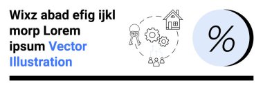 Anahtar ve ev simgeleri, vitesler, mavi çemberdeki yüzde sembolleri ve bir grup insan silueti. Finans, ipotek, gayrimenkul, iş, bankacılık, tasarruf, mülkiyet için ideal. İniş sayfası