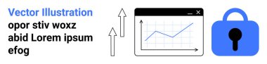 Pencereye doğru yükselen grafikler, büyümeyi gösteren iki ok, bir asma kilit. Siber güvenlik, iş büyümesi, veri koruması, teknoloji, finansal analiz, güvenli yazılım için ideal