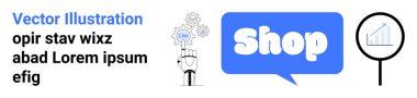 Konuşma balonunda bir dükkan sembolü, grafikli bir büyüteç ve dijital ikonlar olan e-ticaret konsepti. Çevrimiçi iş, alışveriş, veri analizi, teknoloji, dijital pazarlama için ideal. Pankart