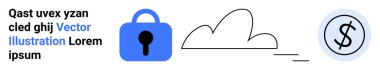 Güvenliği temsil eden kilit simgesi, depolamayı temsil eden bulut simgesi ve finansmanı temsil eden dolar simgesi. Teknoloji platformları, siber güvenlik, bulut hizmetleri, fintech, veri koruması için ideal