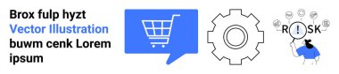 Mavi sohbet balonunda alışveriş arabası, vites kutusu, riski analiz eden kişi. İş, e-ticaret, risk yönetimi, analitik, dijital pazarlama, teknoloji ve danışmanlık için ideal. İniş sayfası