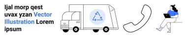 Recycling truck, recycling symbol, smartphone, hand holding phone, remote worker sitting, text. Ideal for sustainability, waste management, logistics, mobile communication, recycling programs remote clipart