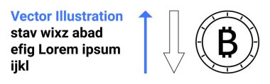 Yukarı doğru mavi ok, aşağı doğru siyah ok, bozuk paranın içinde Bitcoin sembolü ve yer tutucu metin. Finansal web siteleri, kripto para birimi eğilimleri, pazar analizleri, yatırım platformları, blok zinciri için ideal